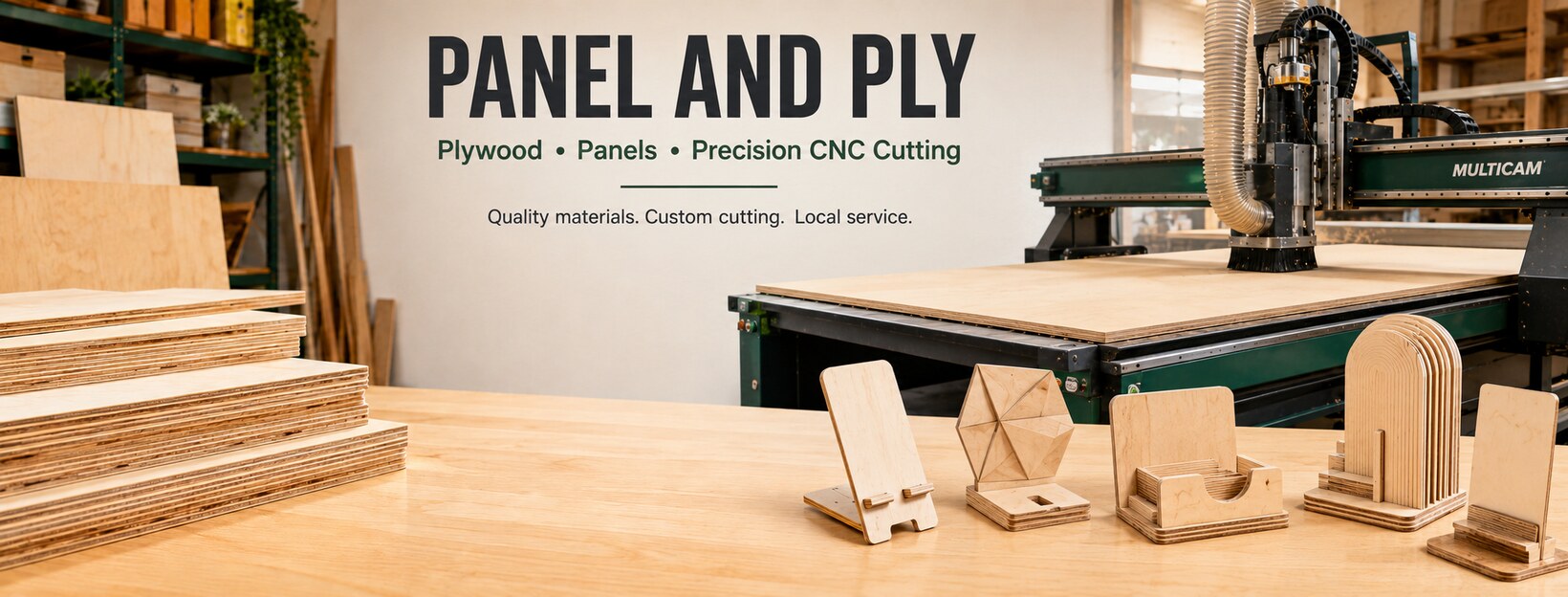Panel and Ply workshop showcase artwork featuring plywood, a CNC router and display pieces